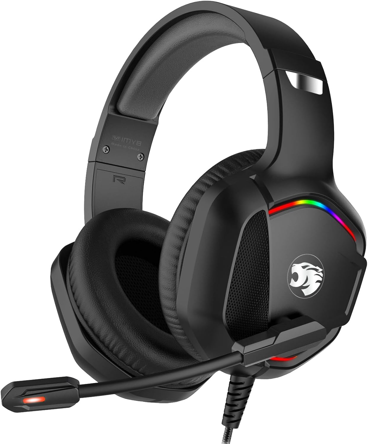IMYB A36 black wired gaming headset with an adjustable boom microphone, RGB-lit earcups and a braided cable ending in a 3.5mm plug and a USB plug