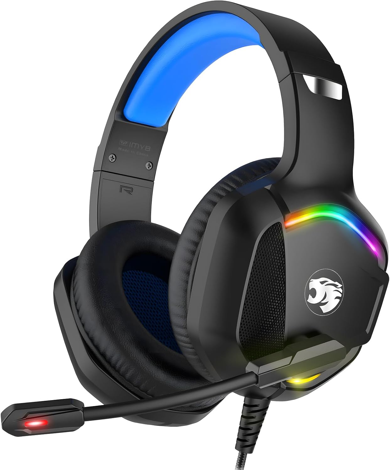 IMYB A36 blue wired gaming headset with a black boom microphone and a braided cable