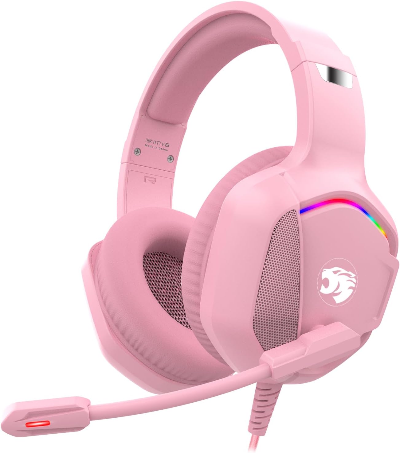 IMYB A36 pink wired gaming headset with matching pink earcups and an adjustable microphone