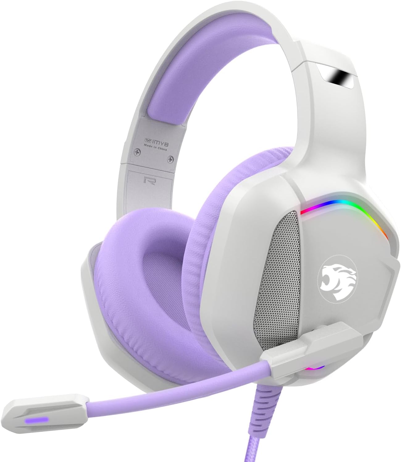 IMYB A36 purple wired gaming headset with padded over-ear cushions and a boom microphone
