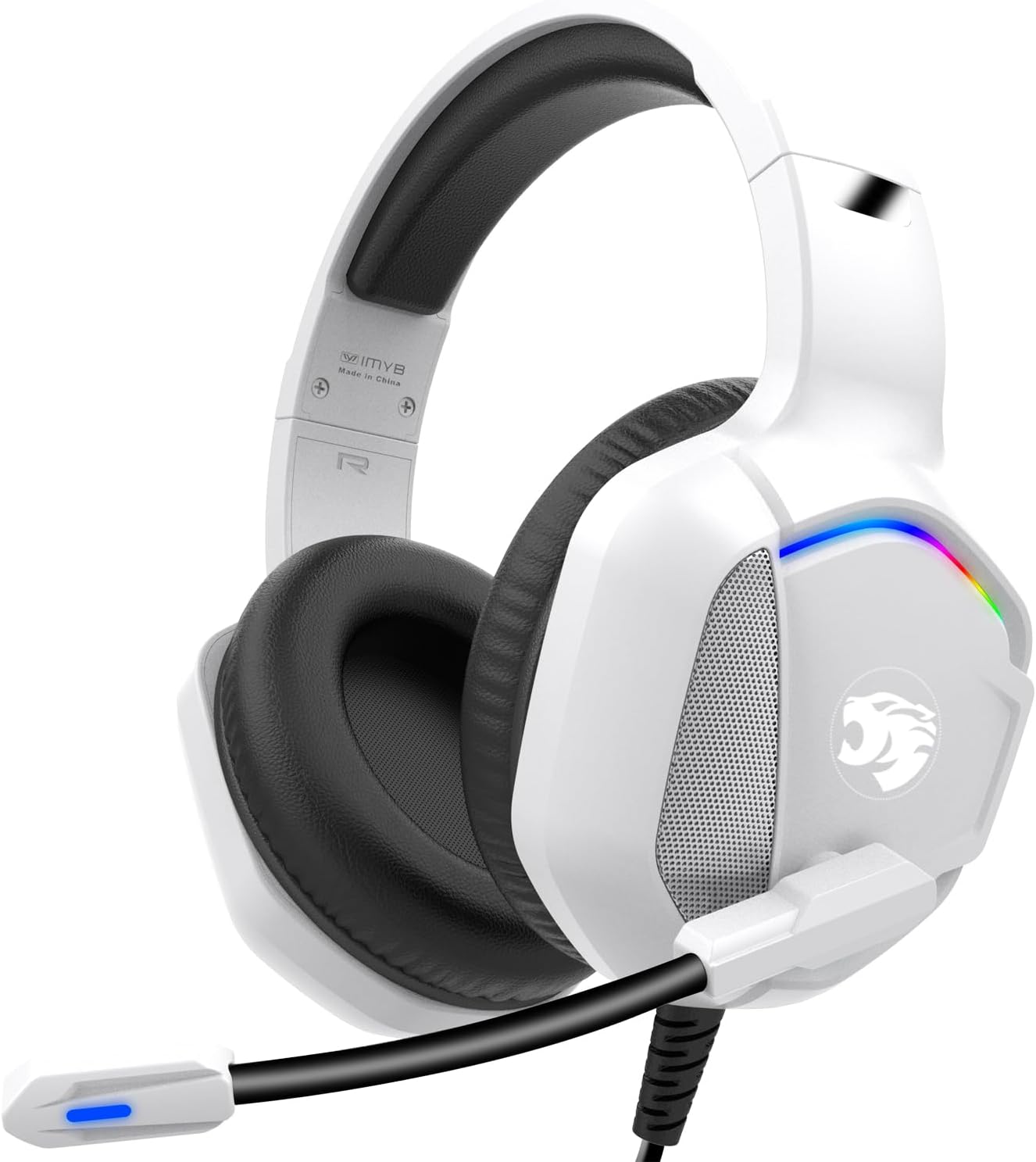 IMYB A36 white wired gaming headset with a white braided cable and an adjustable microphone