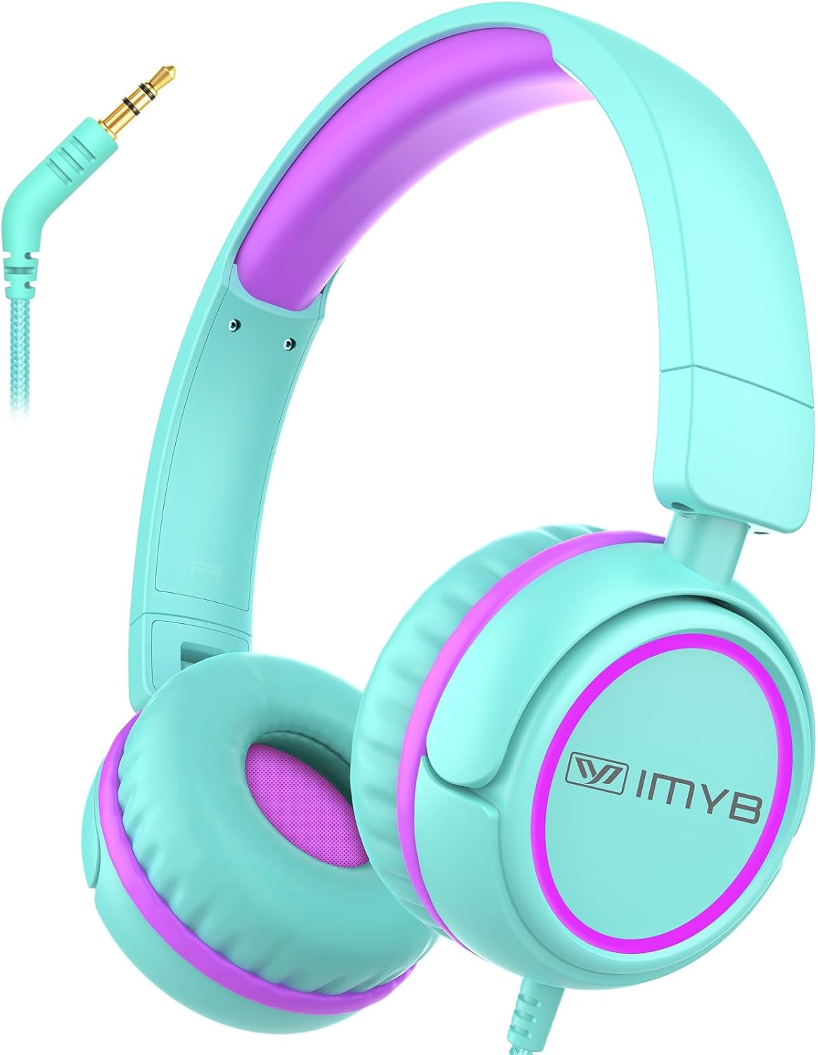 IMYB V1 green on-ear kids headphones with an adjustable headband, swiveling earcups and a braided 3.5mm cable