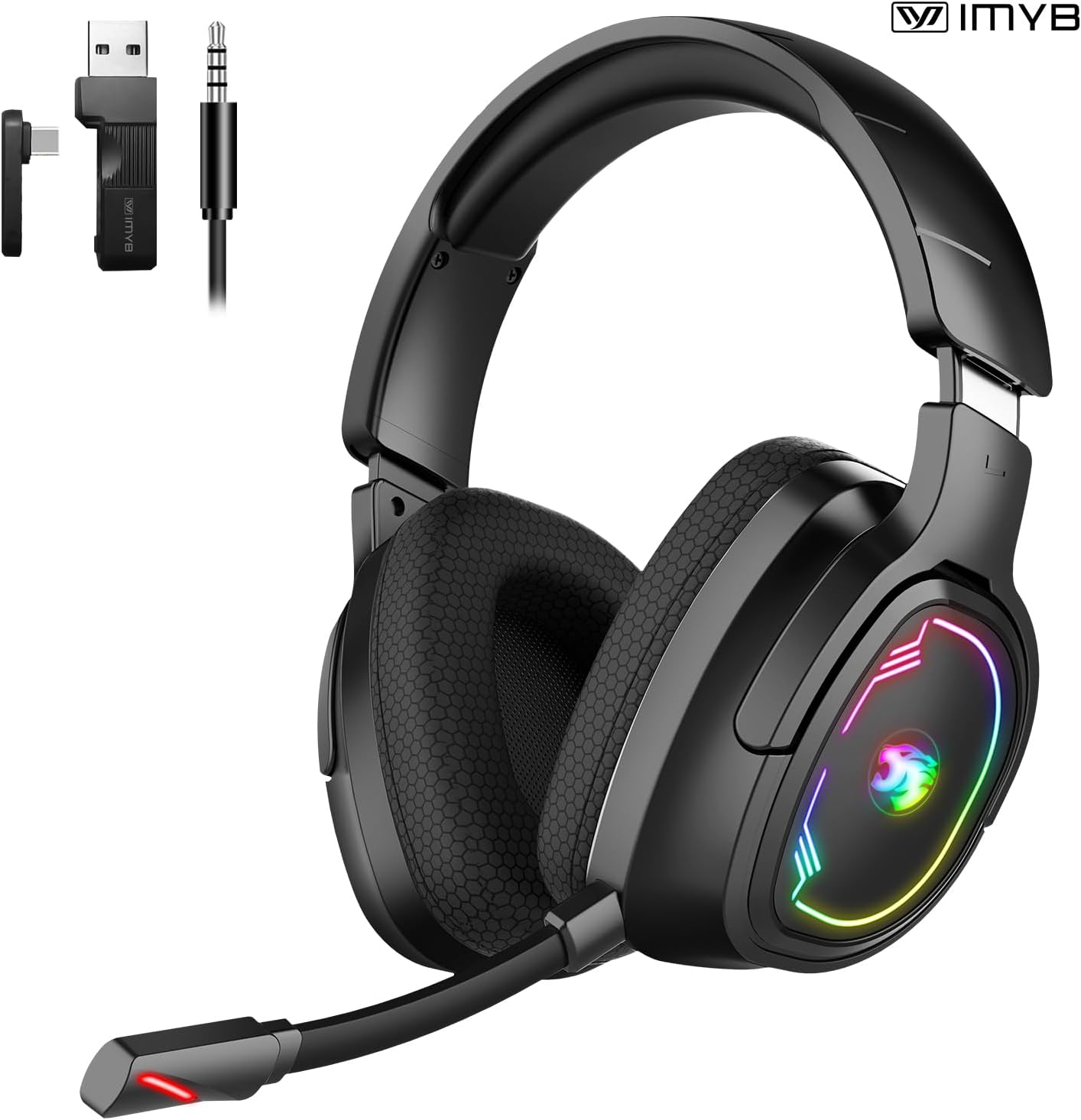 IMYB W82 black wireless gaming headset with a detachable flexible microphone, side RGB lighting and controls on the earcup